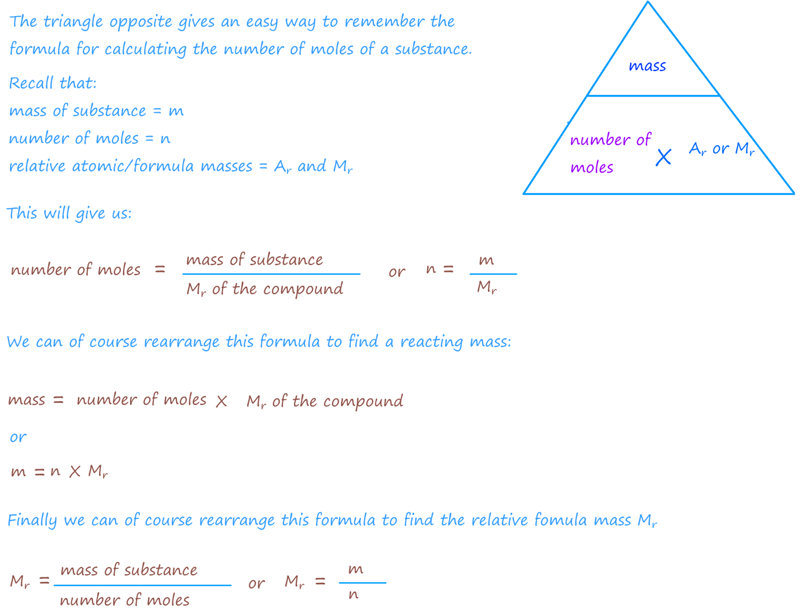 Formulae to calculate the number of moles, the mass of reactants or products in a chemical reaction or the relative formula mass of a reactant or product in a chemical reaction
